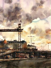 "Watercolor cityscape with cloudy sky and bustling street scene."